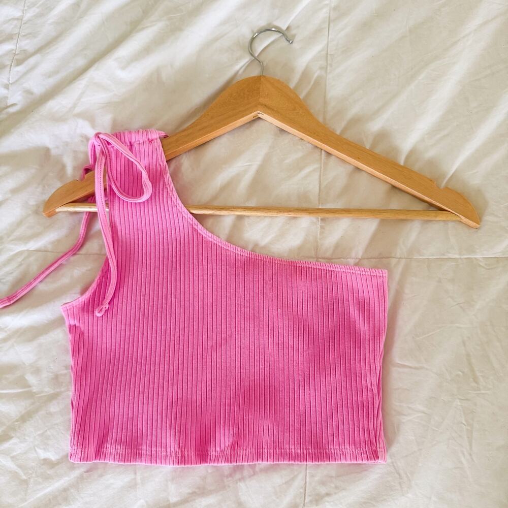 NWOT Aerie Bubble Gum Pink Ribbed One Shoulder Crop Top Tie Strap Sleeveless M